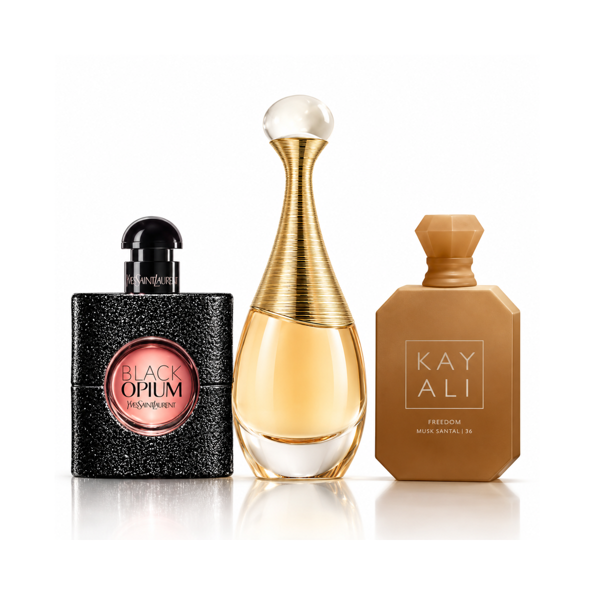 Zestaw 3 perfum | Black Opium YSL Eau de Parfum – 90 ml | J’adore Dior Eau de Parfum – 100 ml | Freedom Musk Santal | 34 Kayali Eau de Parfum – 100 ml