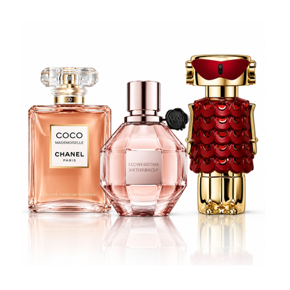 Zestaw 3 perfum | Coco Mademoiselle Chanel Eau de Parfum – 100 ml | Flowerbomb Viktor&Rolf Eau de Parfum – 100 ml | Fame In Love Rabanne Parfum Elixir – 80 ml