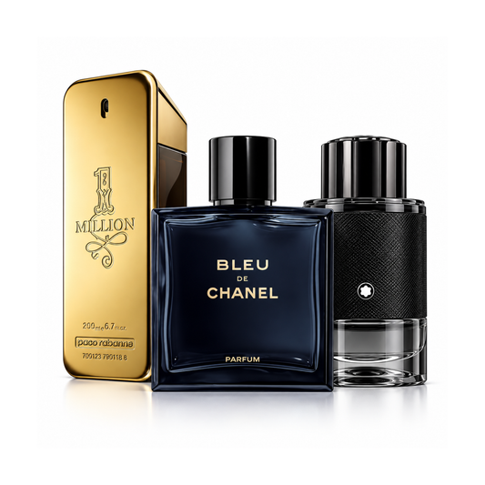 Zestaw 3 perfum | One Million Rabanne Eau de Toilette – 200 ml | Bleu de Chanel Eau de Parfum – 150 ml | Montblanc Explorer Extreme Eau de Parfum – 100 ml